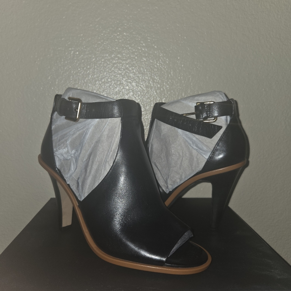 Vince Camuto Black and Tan Peep-Toe Ankle Booties